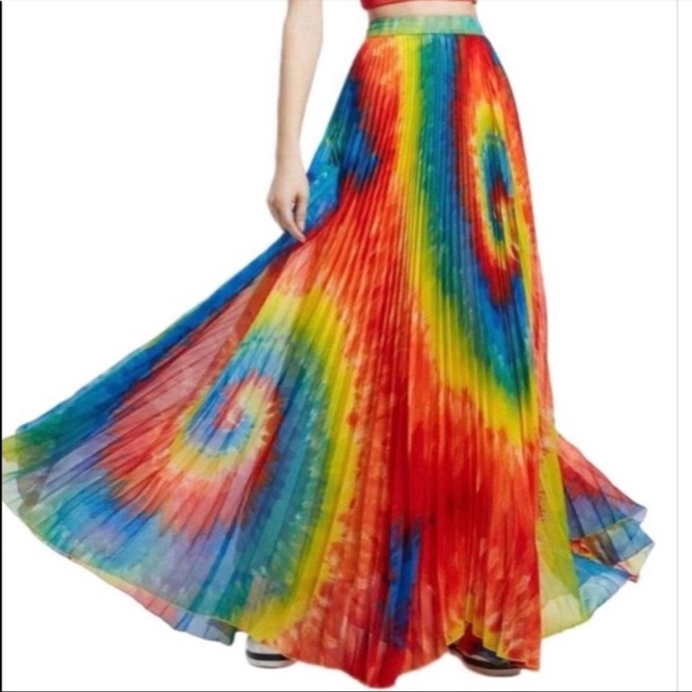 Size 0 Alice & Olivia Shannon Rainbow Tie Dye Pleated Maxi Skirt